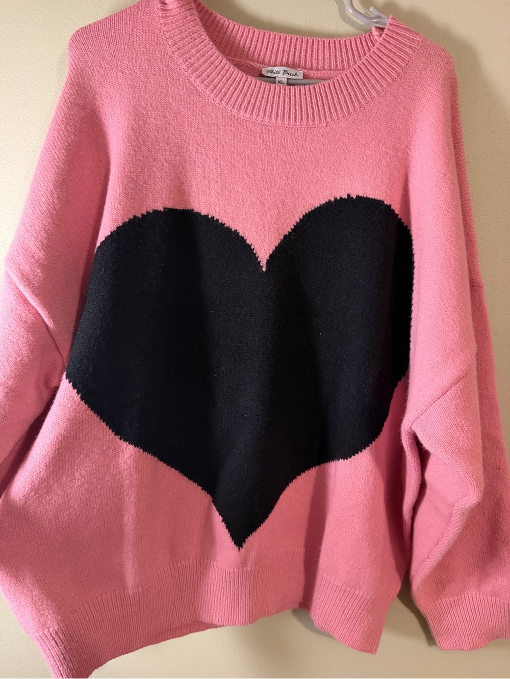white birch Pink Crewneck Sweater with Black Heart